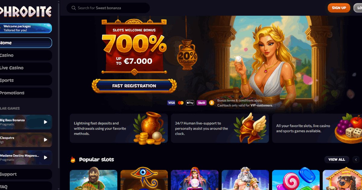 Capture d'écran de la page d'accueil d'Aphrodite Casino en avril 2026